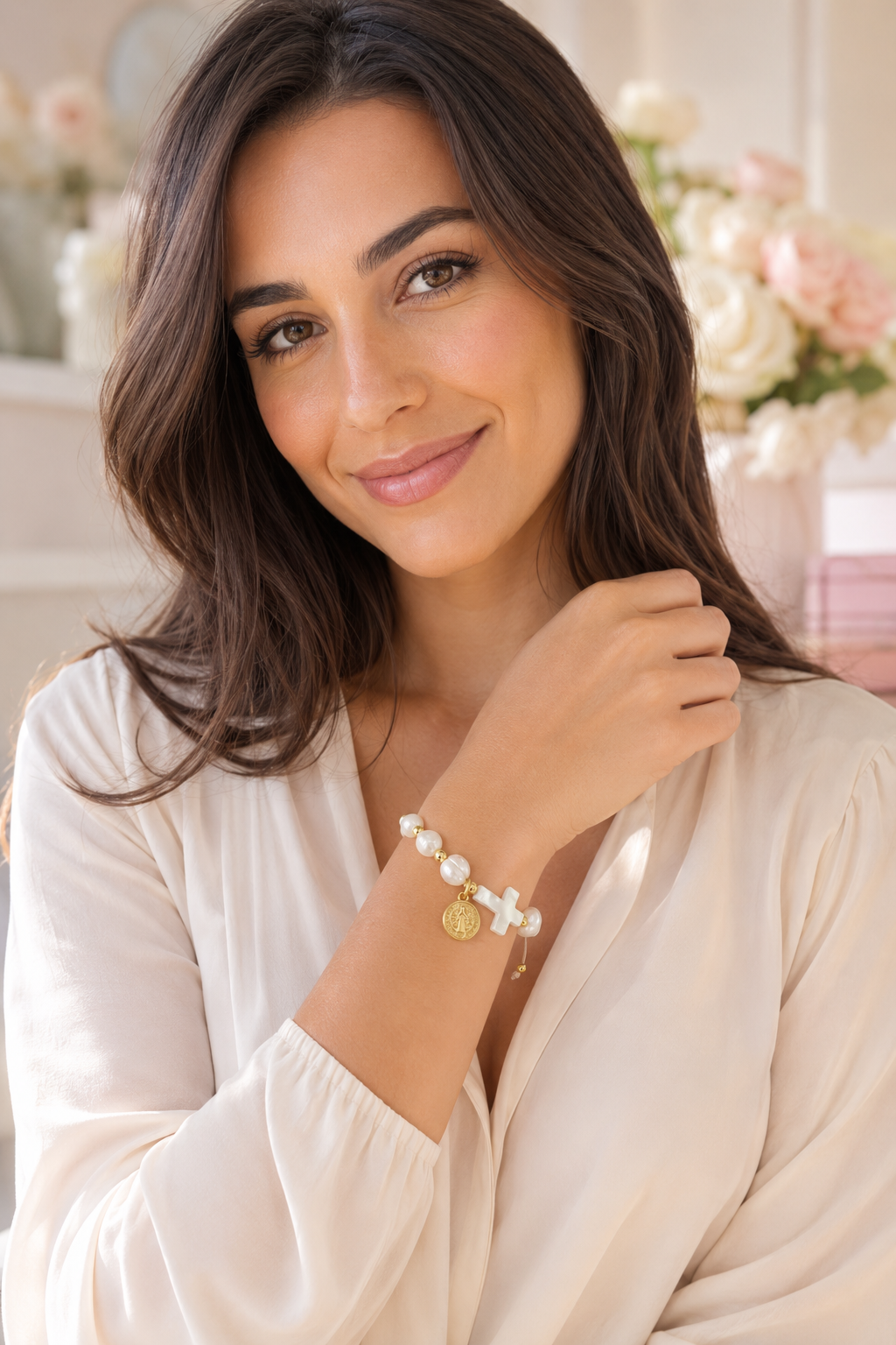Sherlyn Freshwater Pearl & Mother of Pearl Cross Bracelet – 18K Gold Filled