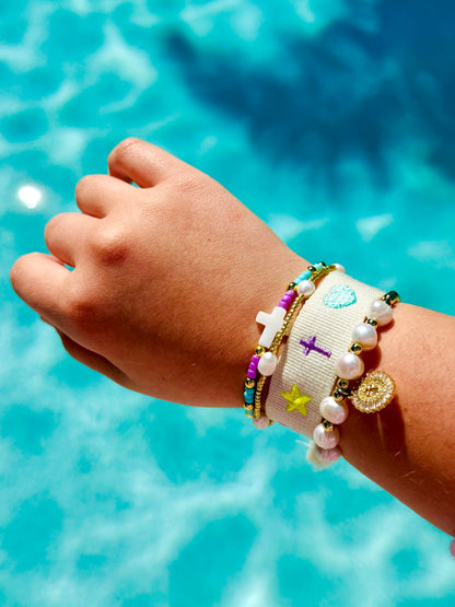 Paige widget and beige woven adjustable bracelet