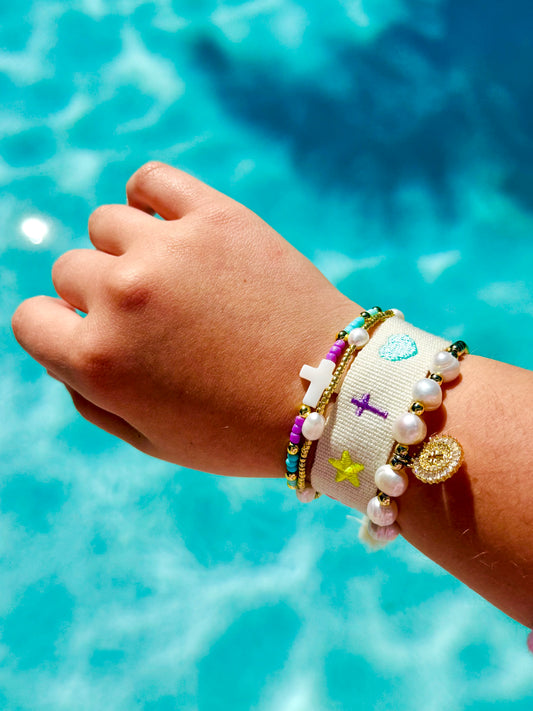 Paige widget and beige woven adjustable bracelet