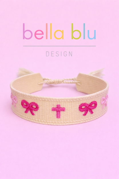 Katie pink bow and cross woven adjustable bracelet