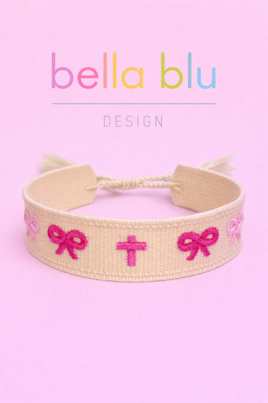 Katie pink bow and cross woven adjustable bracelet