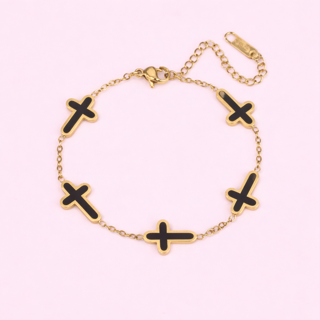 Grace black cross 18k gold filled & black adjustable bracelet