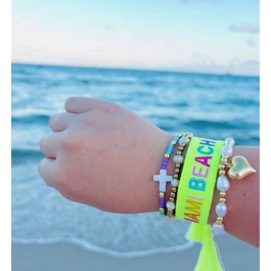 MIAMI BEACH, SELAH IN HEART, AUBREY & ELYSSE Bracelet Bundle | Neon Woven & 18K Gold Filled Pearl Jewelry Set