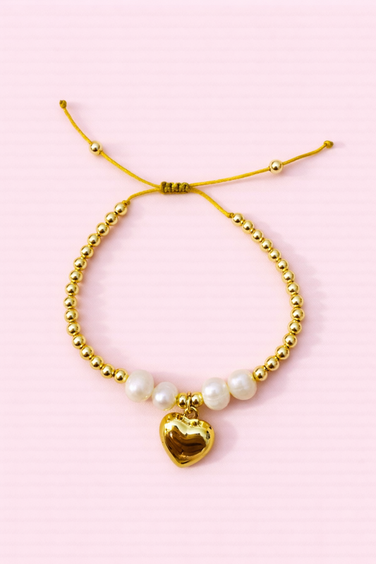 Maisie 18k gold filled, Real fresh water pearl & gold heart adjustable bracelet