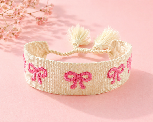 Gorgeous pink and cream coquette bow style woven bracelet