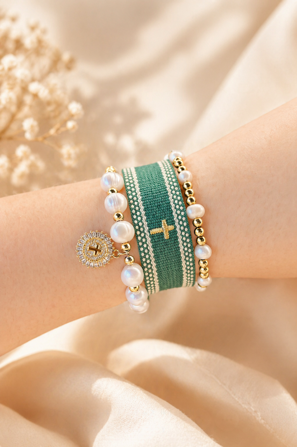 David green gold cross woven adjustable bracelet Christian faith men women Bella Blu
