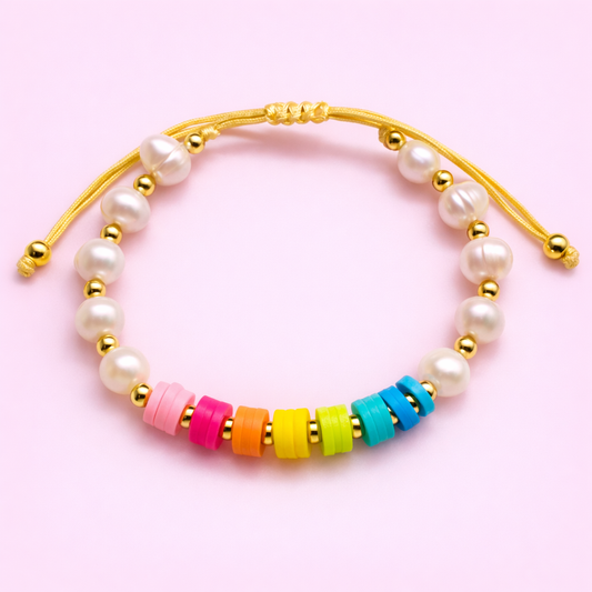 Harmony Real fresh water pearl, Multicolor, & 18k gold filled adjustable Bracelet
