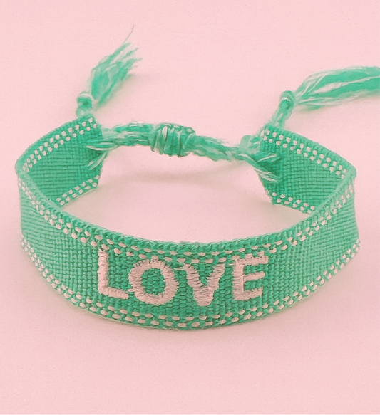 Love Teal and white adjustable woven bracelet