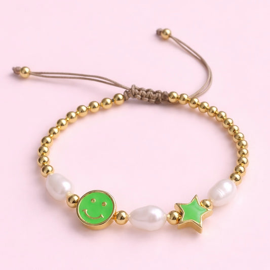 Paisley green 18k gold filled smiley face & Real fresh water pearl adjustable bracelet