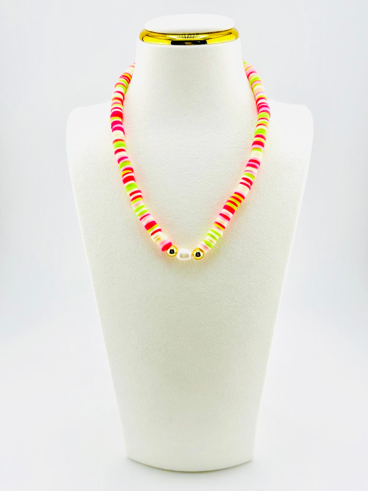 bright pink and lime green necklace with 18k gold filled and real fresh water pearls