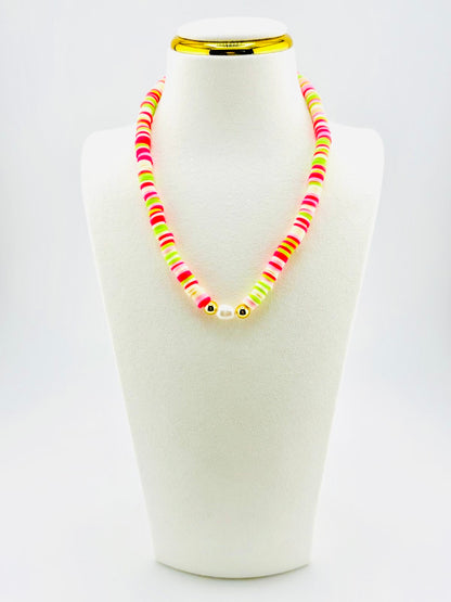 bright pink and lime green necklace with 18k gold filled and real fresh water pearls