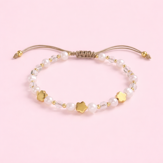 Angela flower 18k gold filled & Real fresh water pearl adjustable bracelet