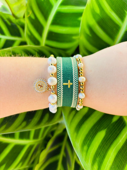 David green gold cross woven adjustable bracelet Christian faith men women Bella Blu