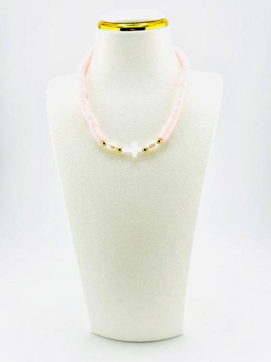 Soft pink necklace in 18k gold beads with real fresh water pearls and mother of pearl cross