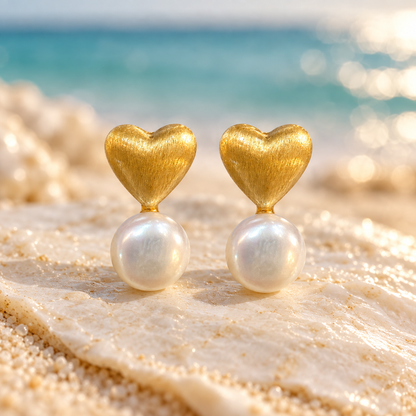 18K Gold-Filled Heart & Freshwater Pearl Drop Earrings