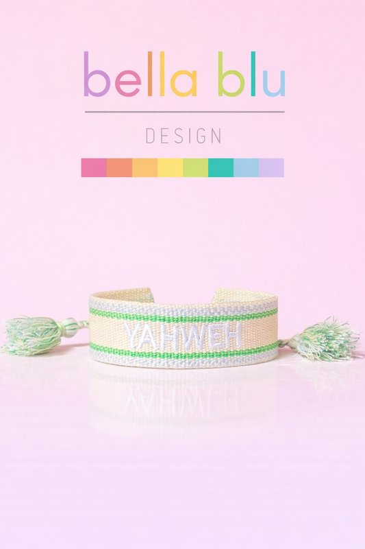 Yahweh green,blue & cream adjustable washable woven bracelet
