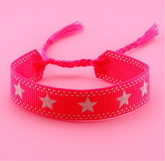 Neon pink and white stars adjustable woven bracelet
