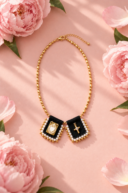 Escapulario black & white 18k gold filled adjustable necklace