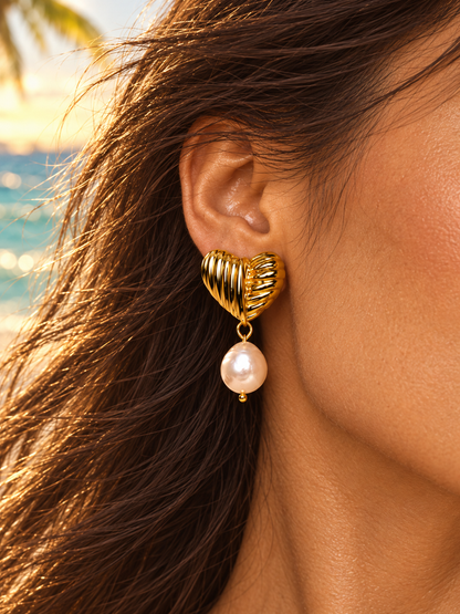 Golden Heart Freshwater Pearl Earrings