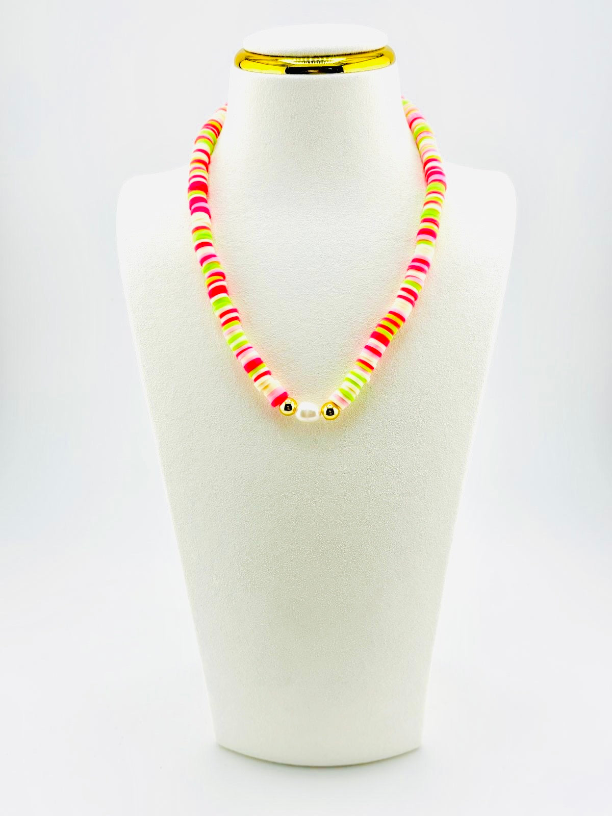 bright pink and lime green necklace with 18k gold filled and real fresh water pearls