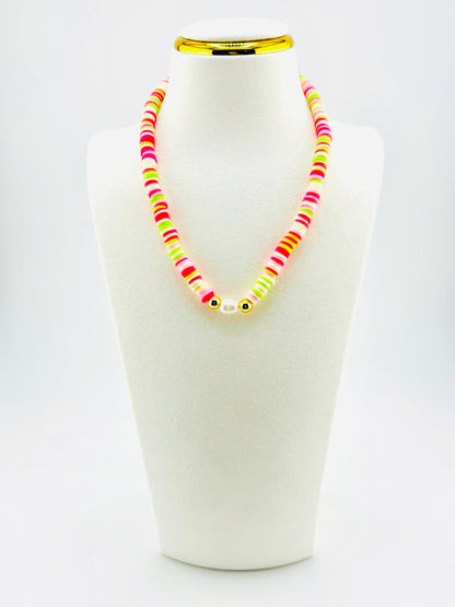 bright pink and lime green necklace with 18k gold filled and real fresh water pearls