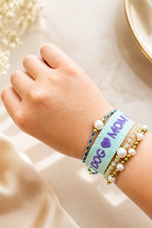 Dog Mom, Ariel, Jade in Mint & Elyse Bracelet Bundle | Adjustable Woven, Gold Filled & Freshwater Pearl Jewelry Set