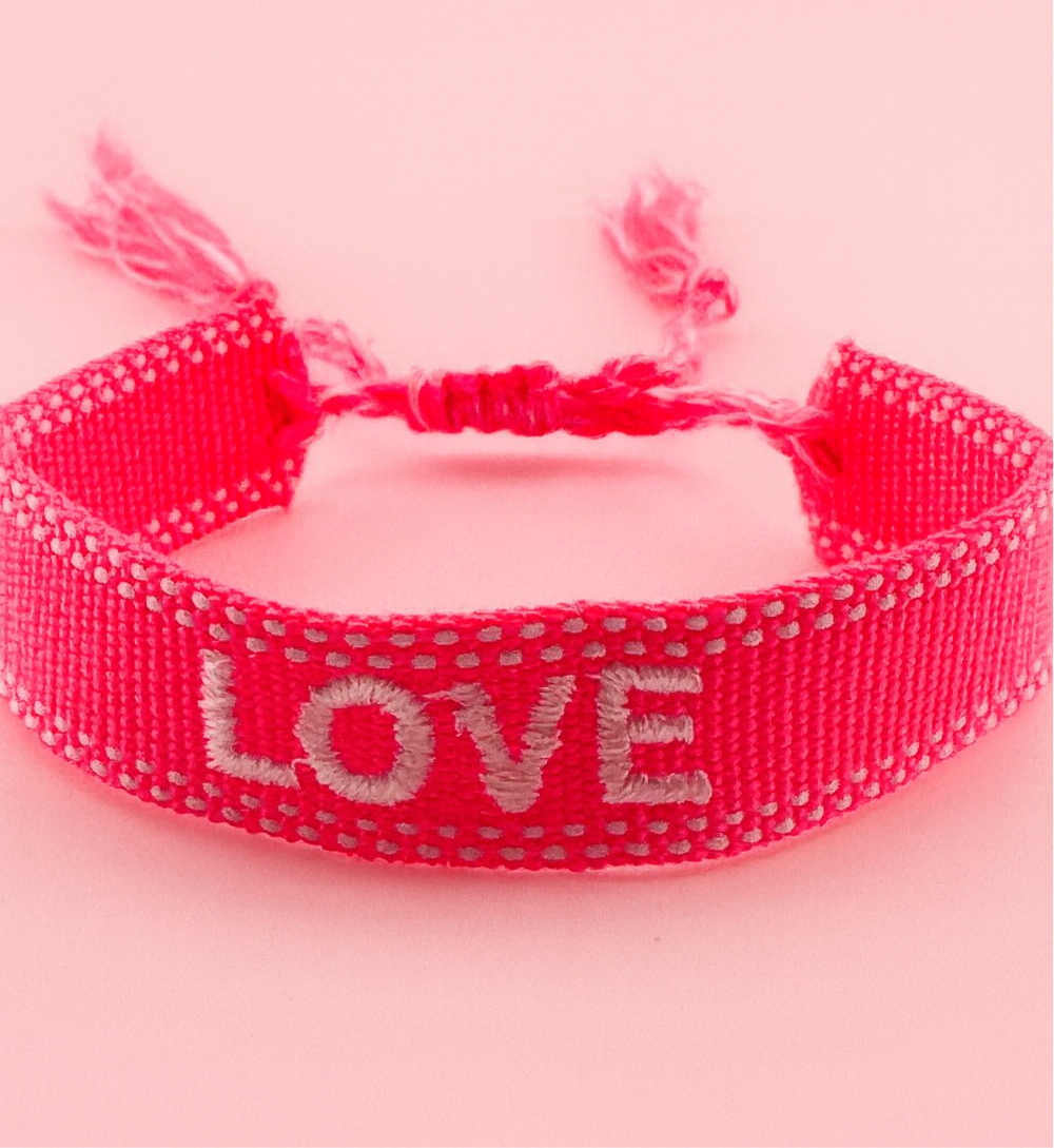 Love neon pink and white adjustable woven bracelet