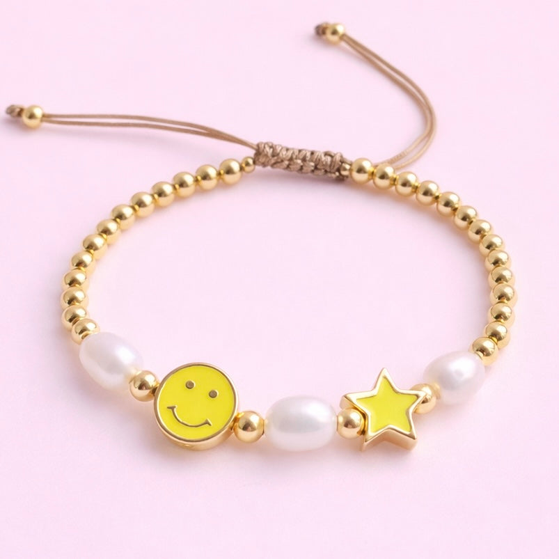 Paisley yellow 18k gold filled smiley face & Real fresh water pearl adjustable bracelet