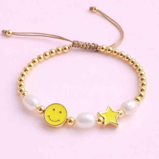Paisley yellow 18k gold filled smiley face & Real fresh water pearl adjustable bracelet
