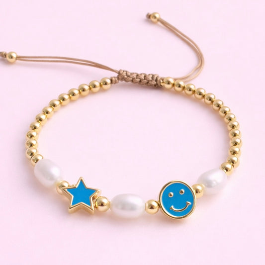 Paisley blue 18k gold filled smiley face & Real fresh water pearl adjustable bracelet