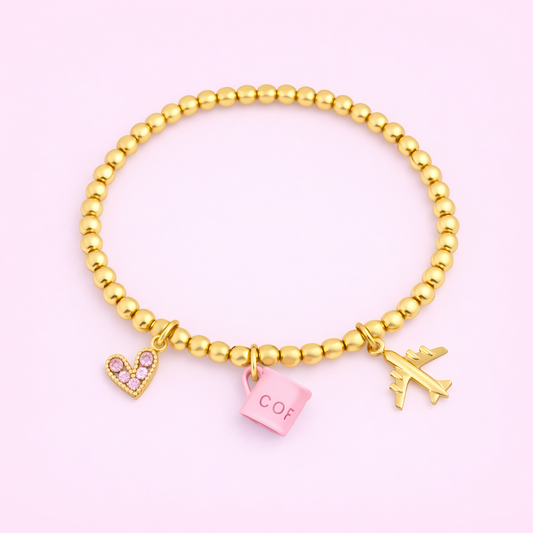 Teresa 18k gold filled & pink themed charm bracelet