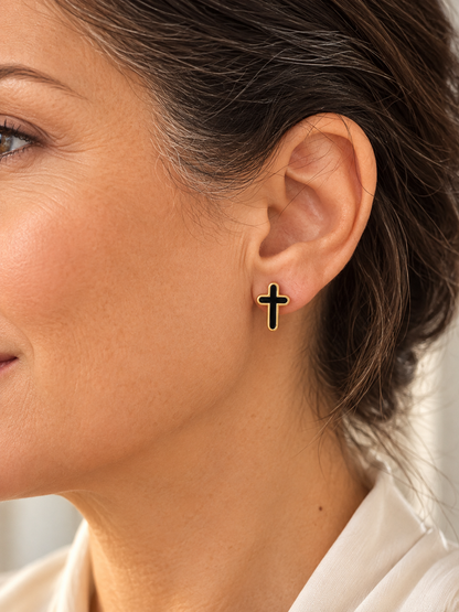 Black & Gold Cross Stud Earrings