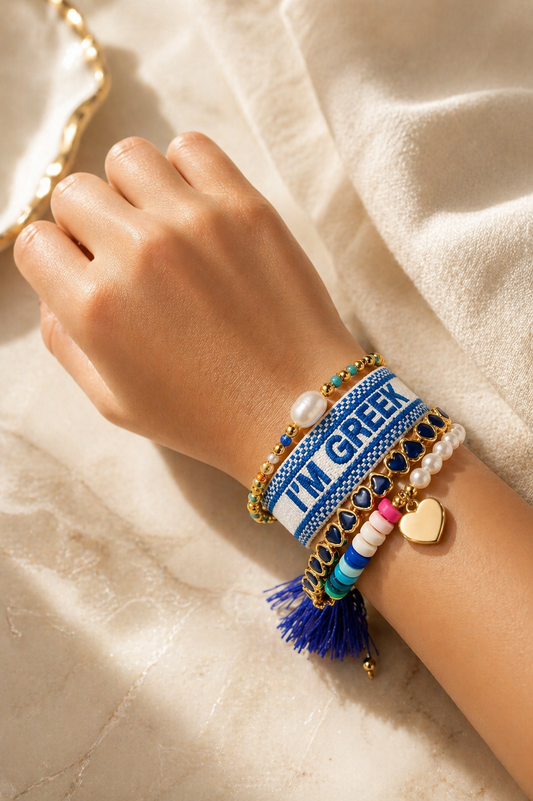 I’m Greek, Kennedy, Candice Blue & Amelia White Bracelet Bundle | Adjustable Woven, Gold Filled & Pearl Jewelry Set