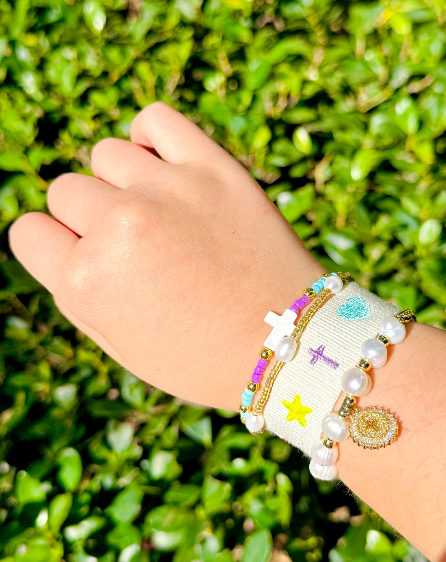 Paige widget and beige woven adjustable bracelet