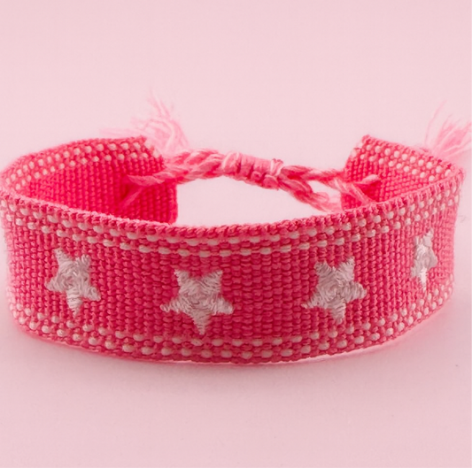Raspberry pink & white star adjustable woven bracelet
