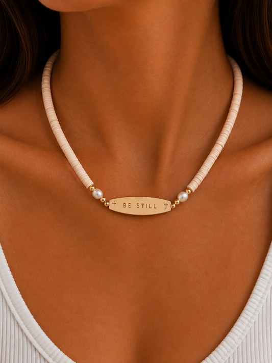 Be Still pink freshwater pearl necklace with 18K gold-filled beads