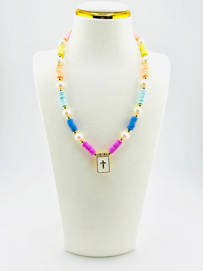 Beaded cross necklace with pastel pearls and 18K gold beads, Alora style, Bella Blu Design
