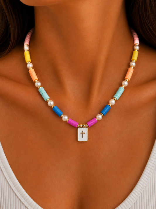 Beaded cross necklace with pastel pearls and 18K gold beads, Alora style, Bella Blu Design