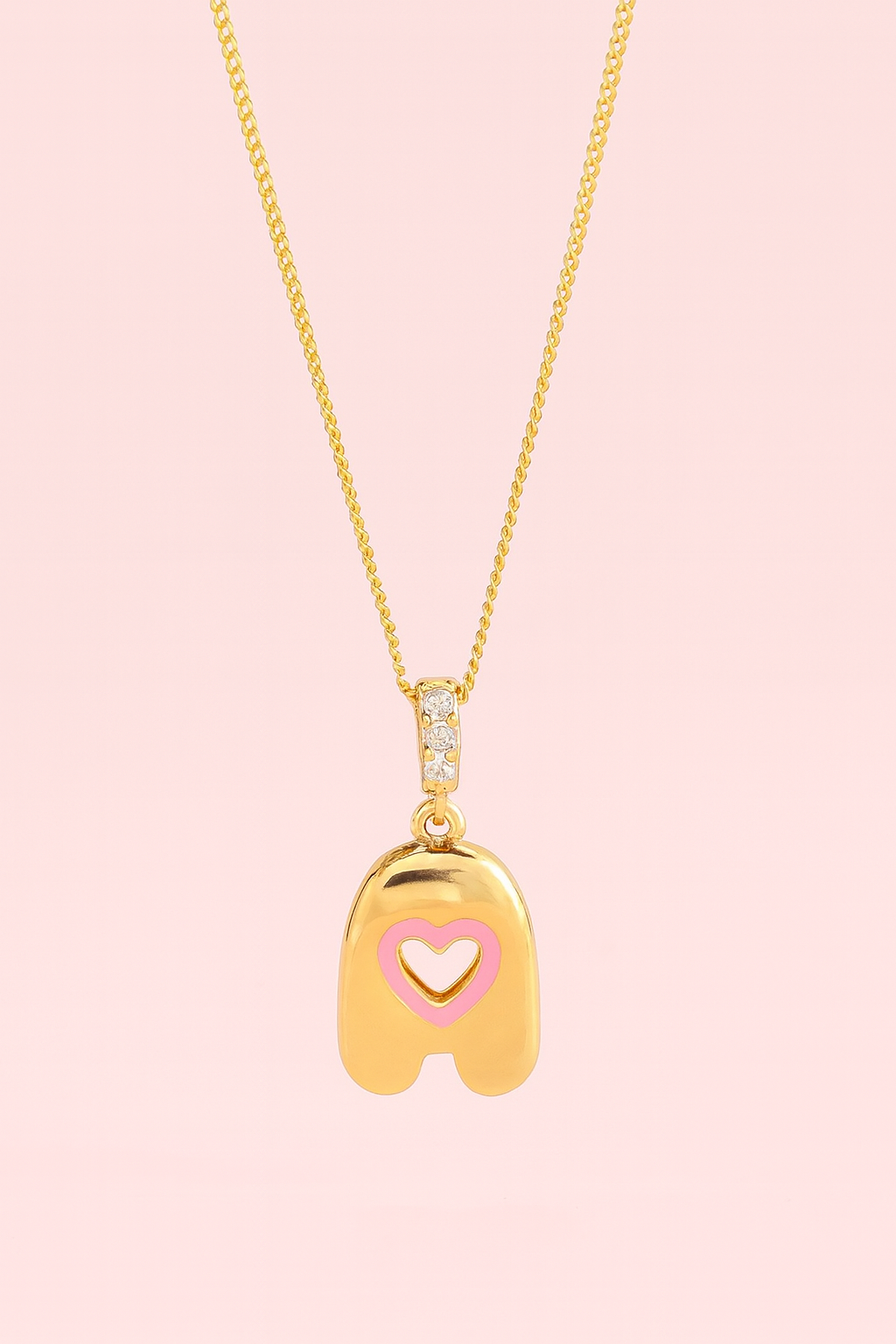 Bella pink bubble initial necklace with gold-filled letter A pendant, heart detail and cubic zirconia accents