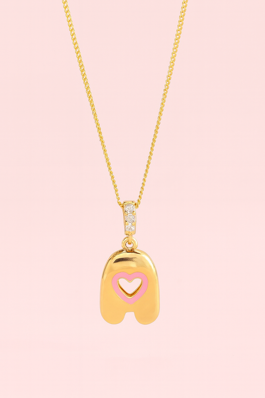 Bella pink bubble initial necklace with gold-filled letter A pendant, heart detail and cubic zirconia accents
