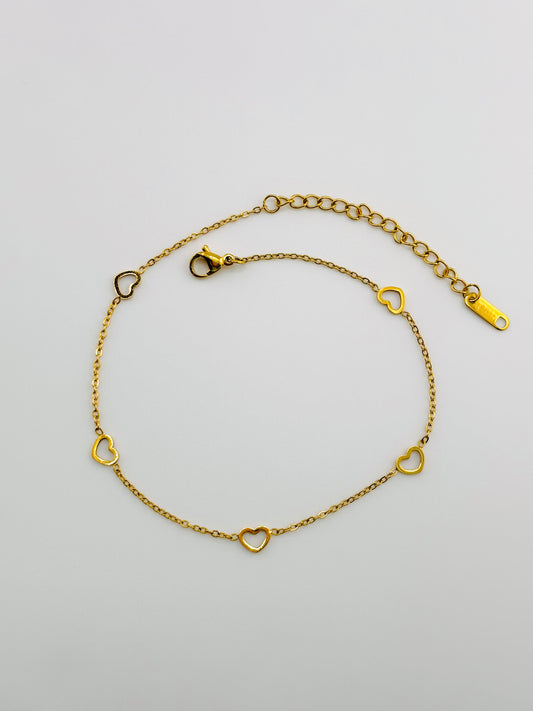 Anklet stainless steel, with hearts, and adjustable