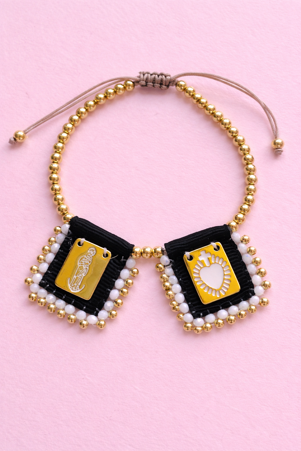 Escapulario Black & white 18k gold filled adjustable bracelet