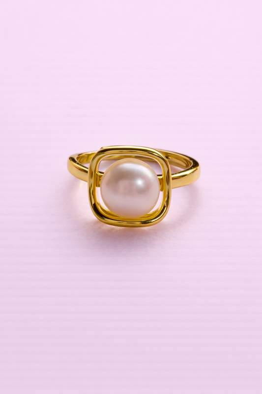 Elvie 18k gold filled square & Real fresh water pearl adjustable ring