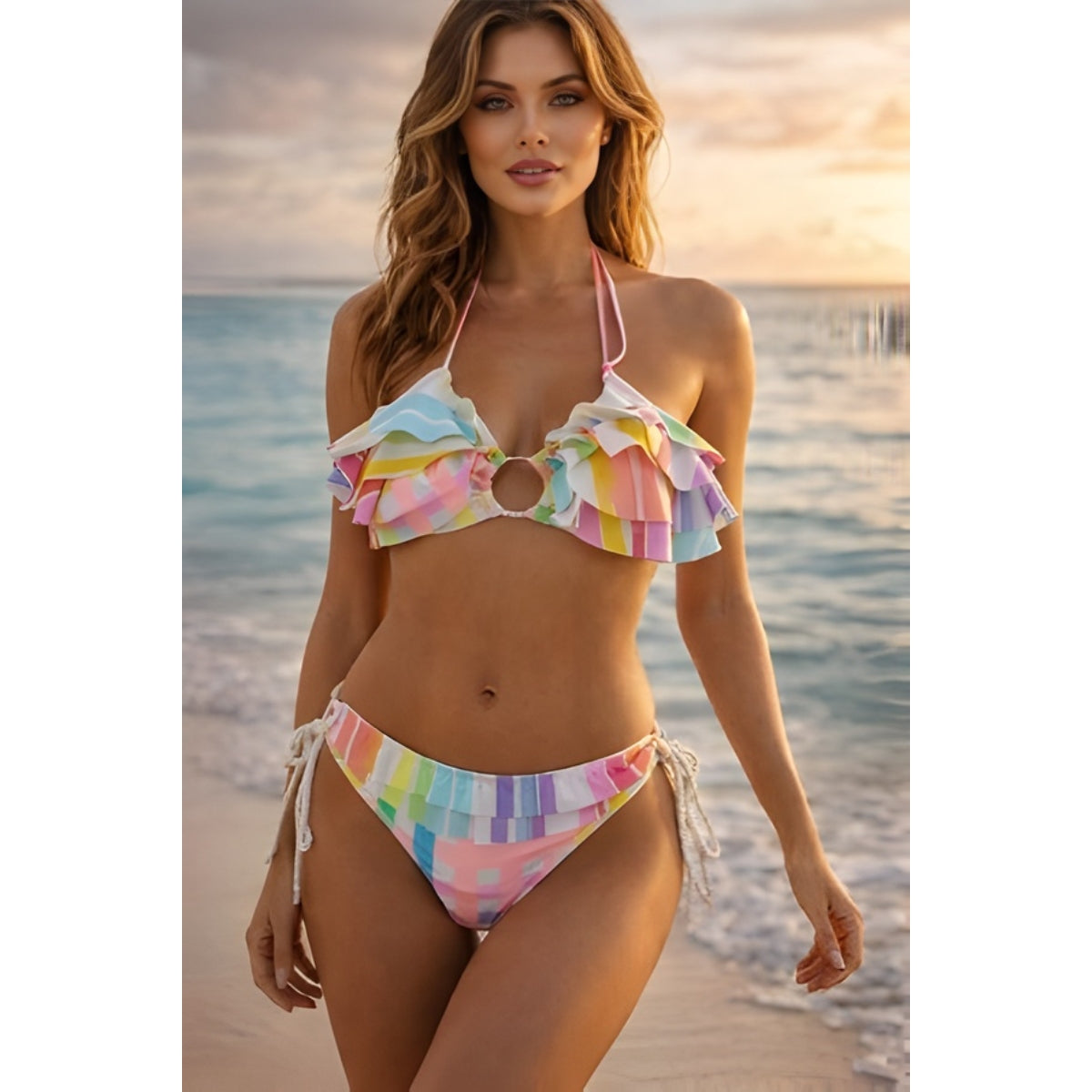 "Charlotte multicolor pastel striped ruffle bikini set with halter neck top Bella Blu Design