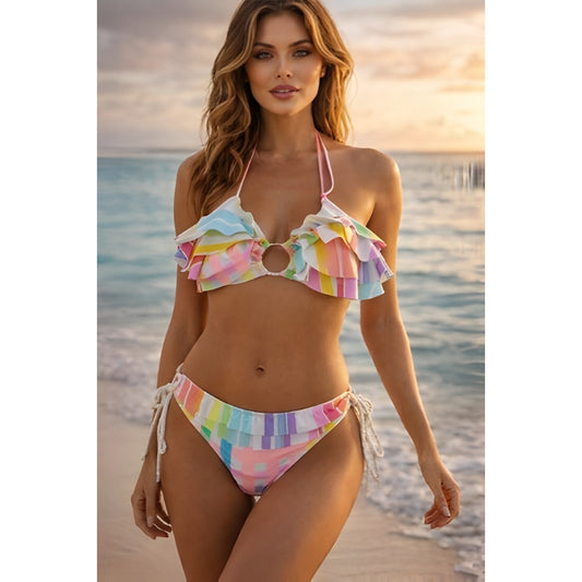 "Charlotte multicolor pastel striped ruffle bikini set with halter neck top Bella Blu Design