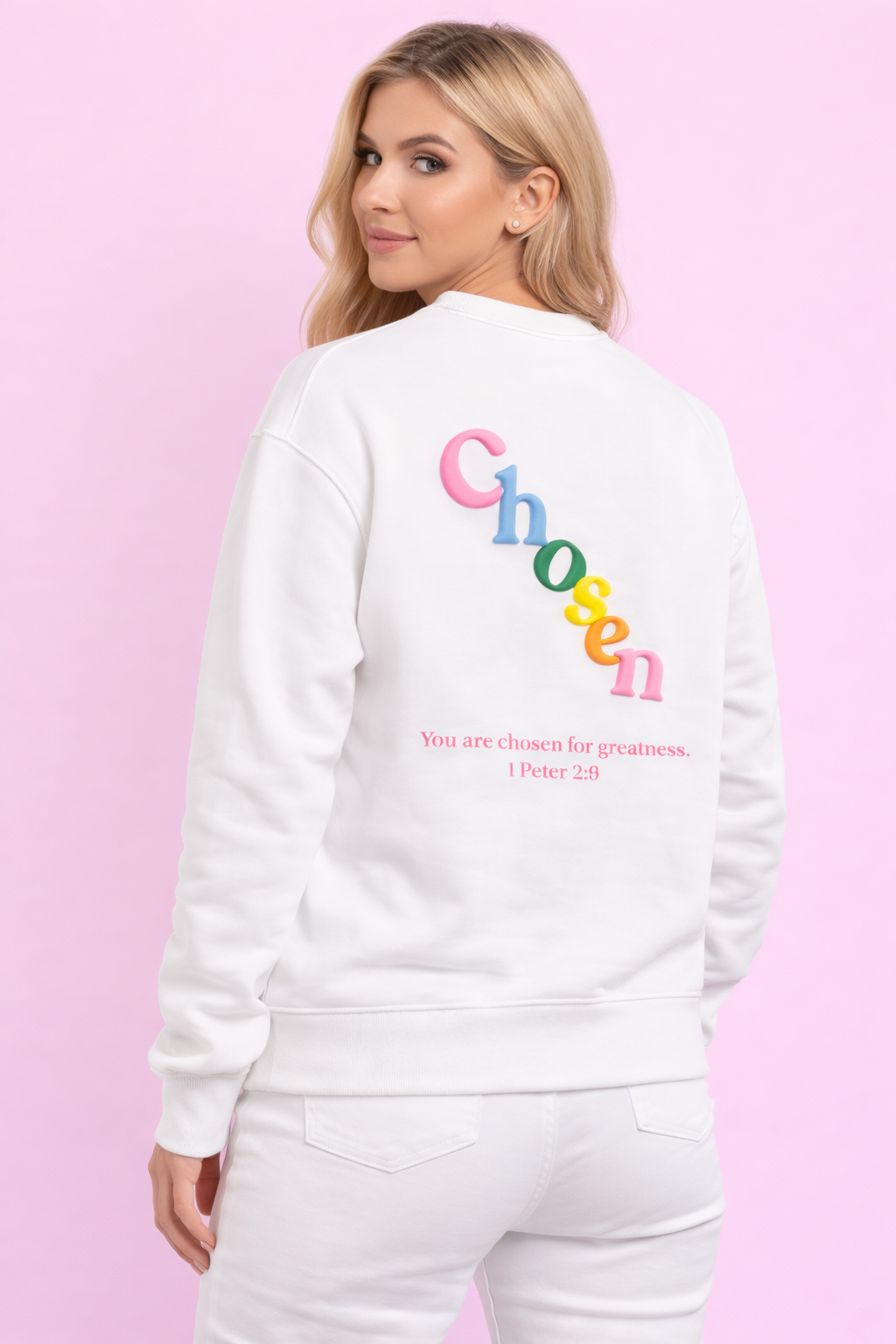 Chosen sweatshirt with Bible verse puff print lettering on back – Bella Blu Design