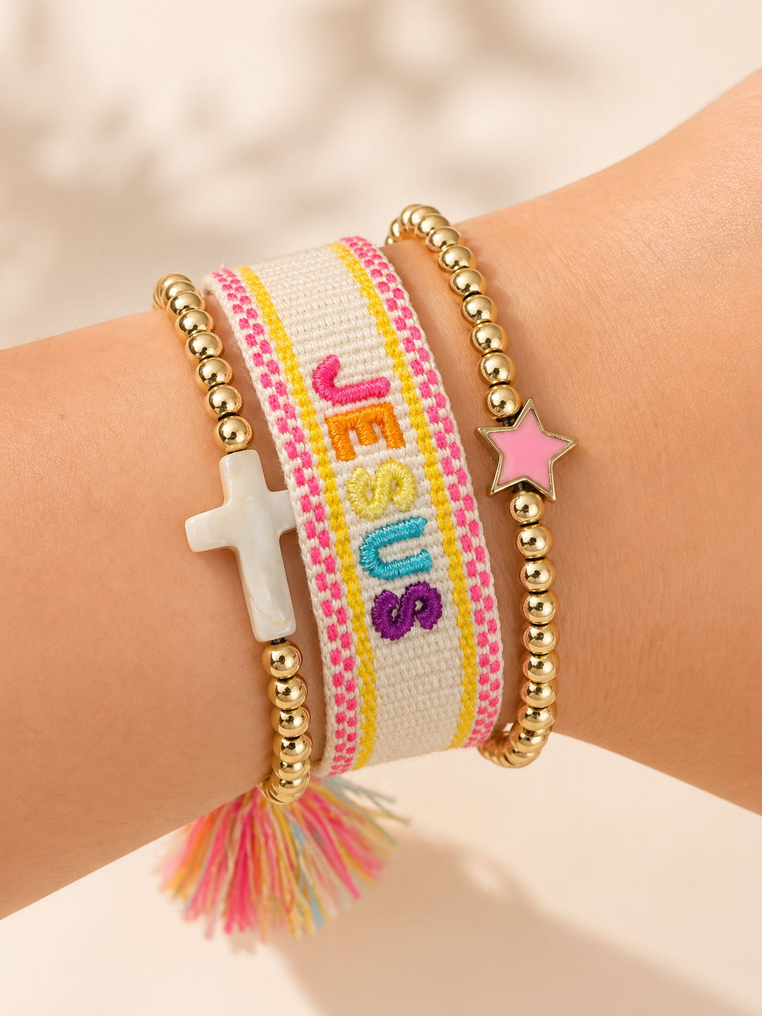 Jesus woven bracelet handmade multicolor adjustable Christian women Bella Blu