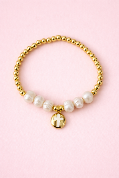 Melissa fresh water pearls and cross bracelet with 18k gold filled
