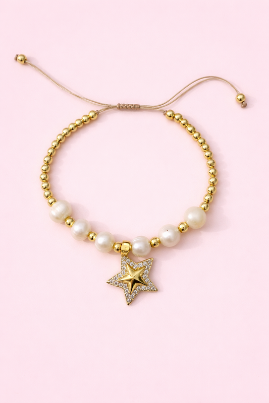 Misheila 18k gold filled, Real fresh water pearls & cubic zirconia star adjustable bracelet