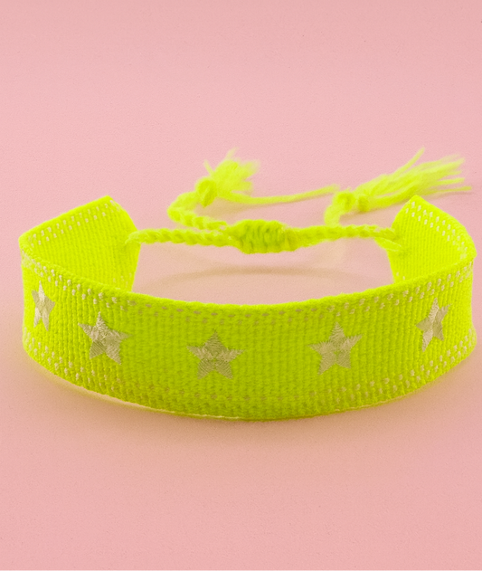 Neon yellow and white star adjustable woven bracelet
